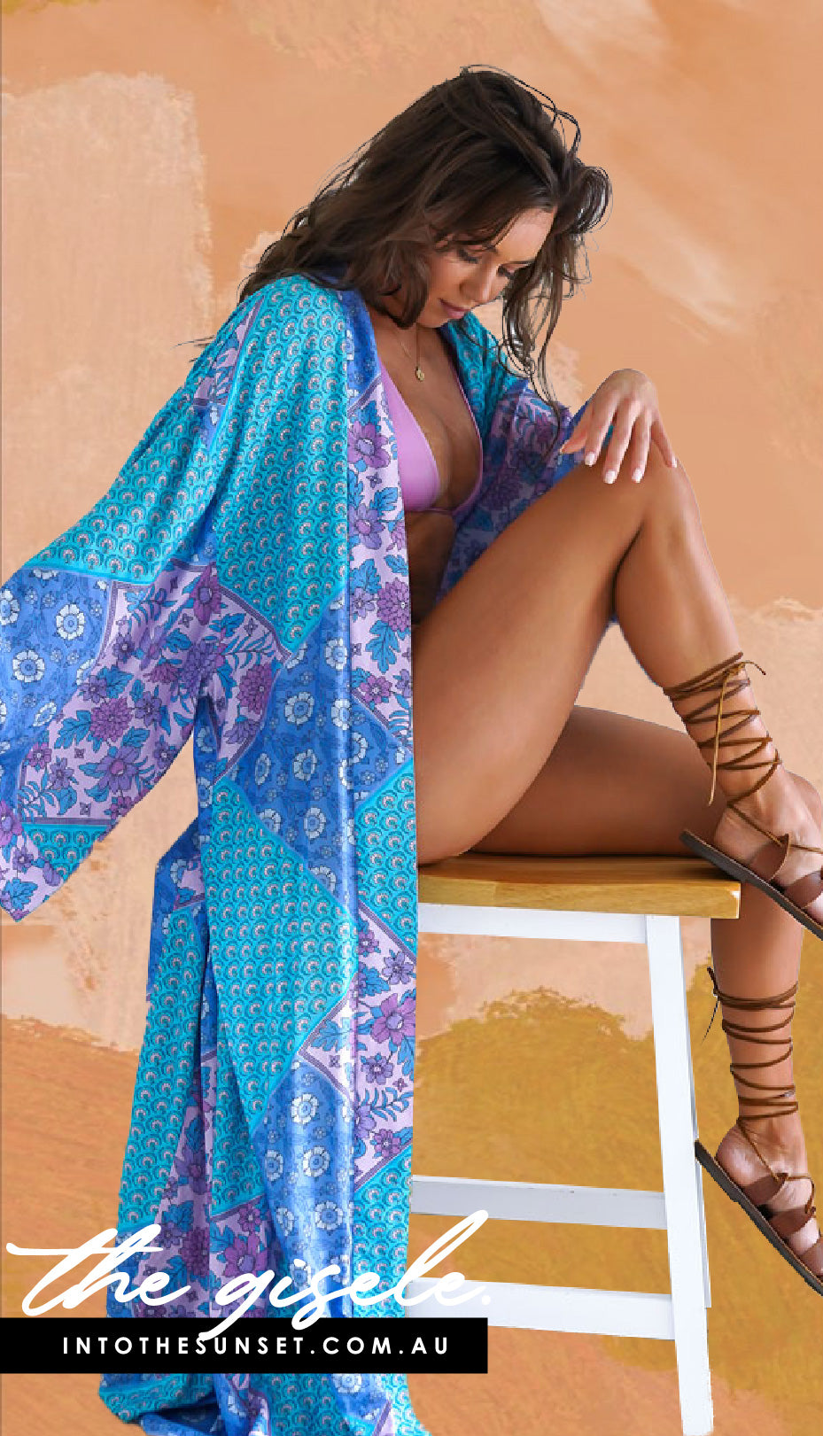 Photo - model wearing a printed kimono/robe from our loungewear collection.